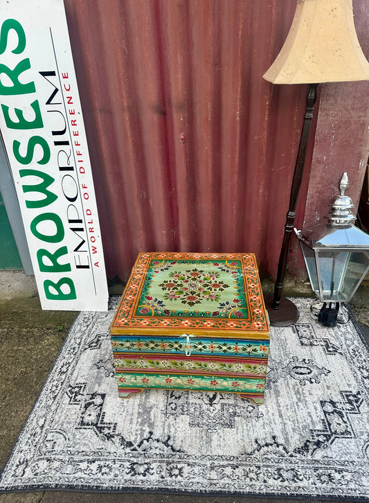 Colourful Painted Wooden Storage Chest Coffee Table with Side Handles