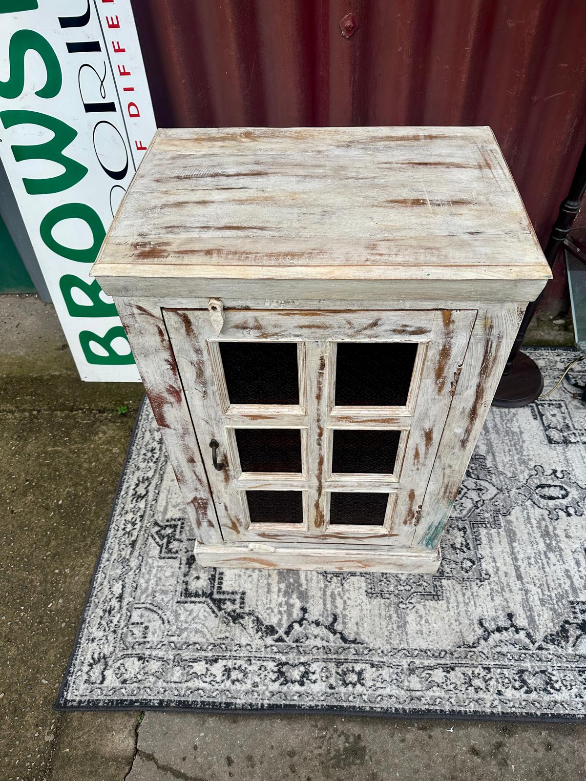 White Distressed Wooden Cabinet with Glass Panel Door Rustic Storage