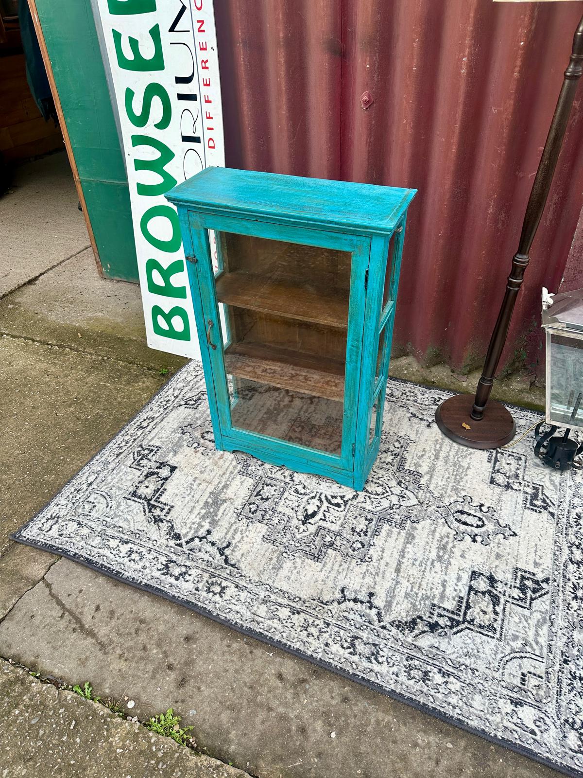 Turquoise Painted Glass Display Cabinet Wooden Shelves Rustic Boho Storage Unit