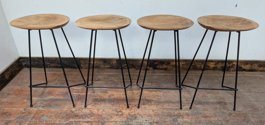 Set of Four Medium Stools with Shaped Wooden Tops and Metal Wire Frames