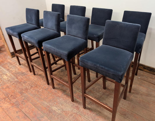 Set of Eight Navy Blue Fabric Bar Stools / Wood Frames