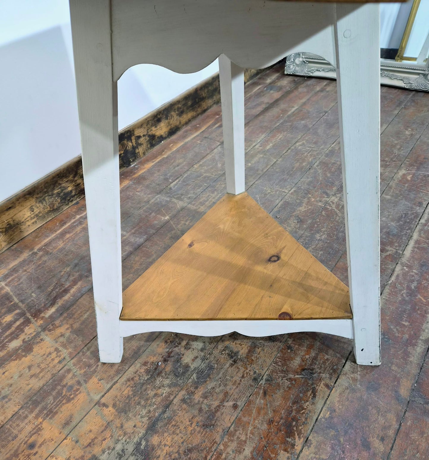 Set of Three White Bentwood Chairs and Triangular Base Wooden Table