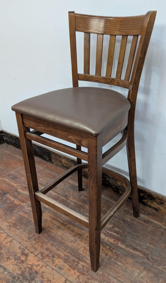 Single Bar Stool / Gold Faux Leather Seat / Medium Wood Finish