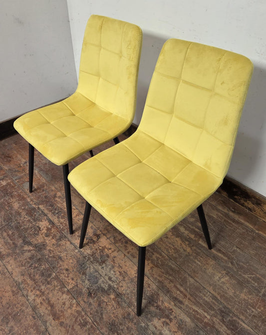 Pair of Yellow Velveteen Dining Chairs with Black Metal Bases and Block Stitching