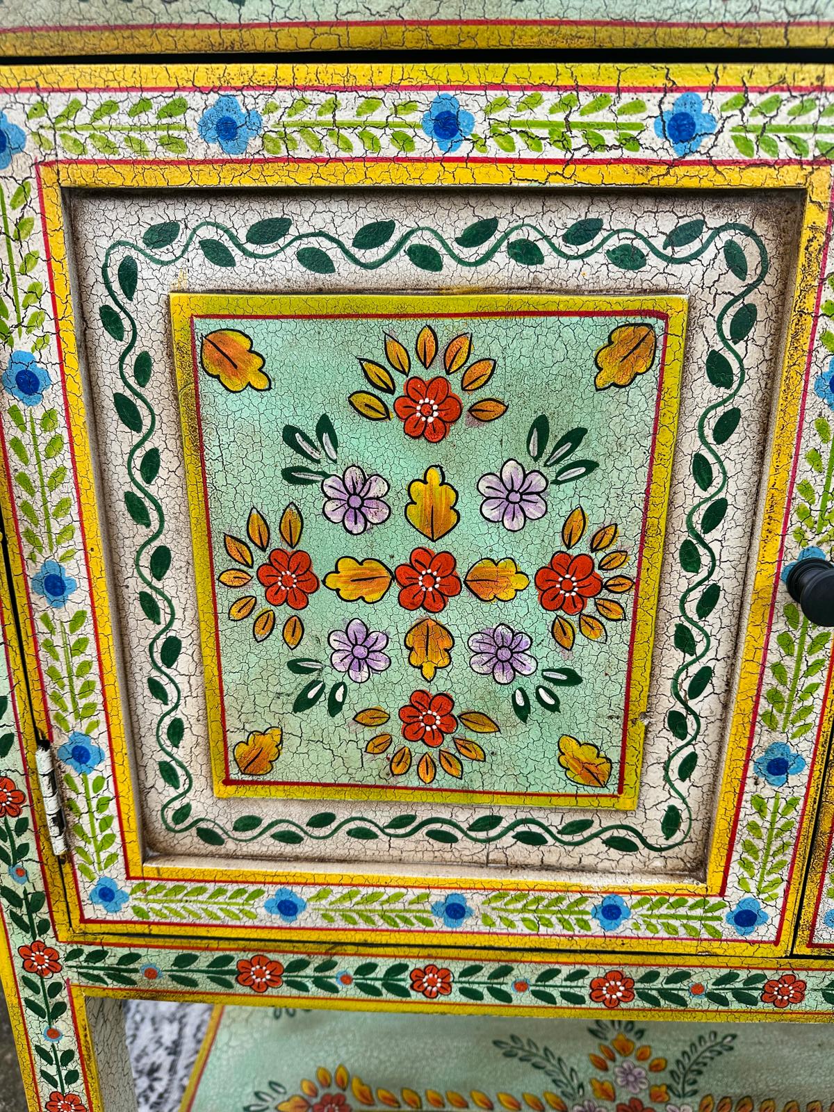 Hand Painted Floral Wooden Cabinet with Double Doors and Display Shelf