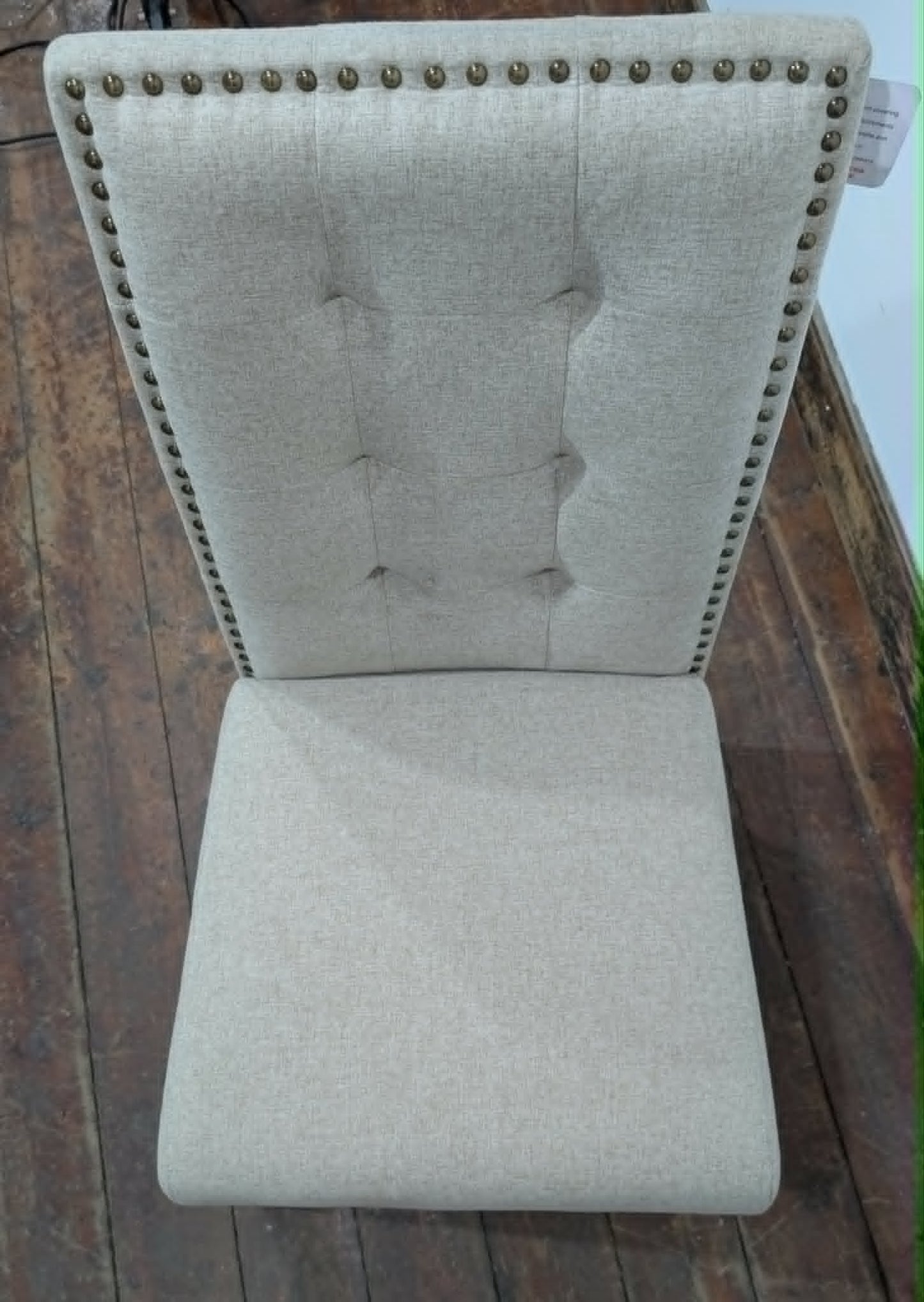 Set of Four Off-White Fabric Upholstered Dining Chairs / Brass Studs