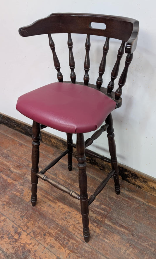 Single Bar Stool / Red Faux Leather Seat / Dark Wood Finish