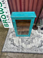 Turquoise Painted Glass Display Cabinet Wooden Shelves Rustic Boho Storage Unit