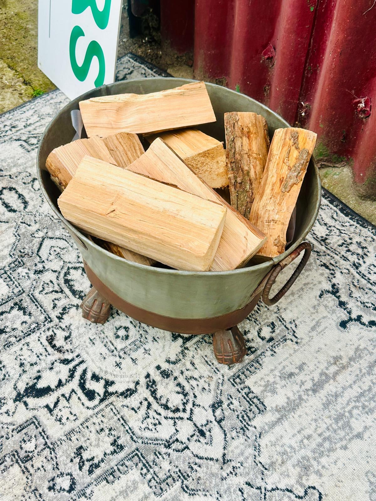 Small GWR Style Metal Log Basket Firewood Holder Rustic Green & Brown Finish