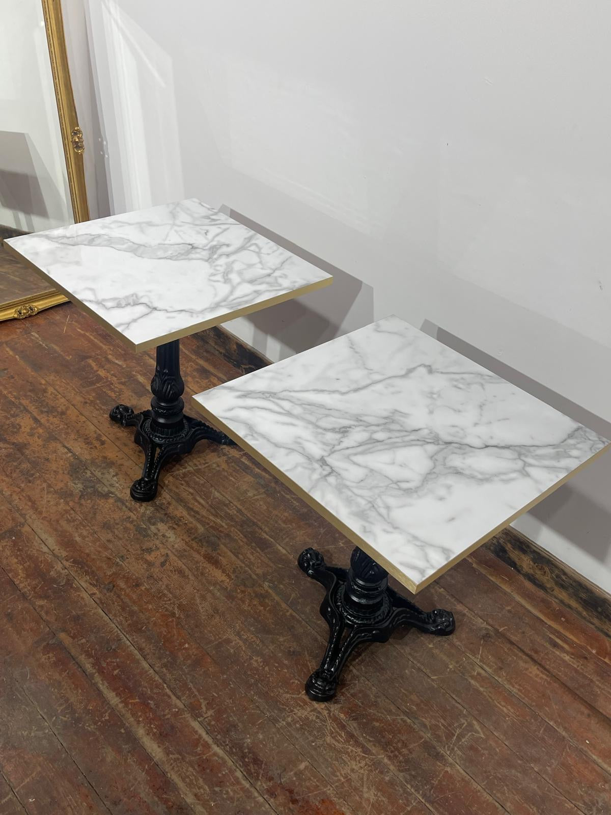 Pair of Marble Effect Bistro Tables with Ornate Black Cast Iron Bases Gold Trim