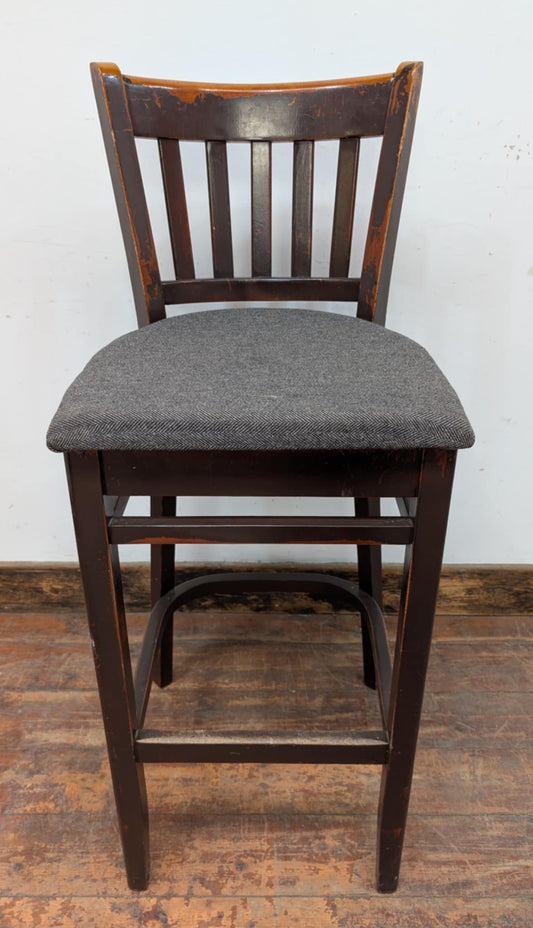 Single High Back Bar Stool / Dark Grey Fabric Seat / Dark Wood Frame