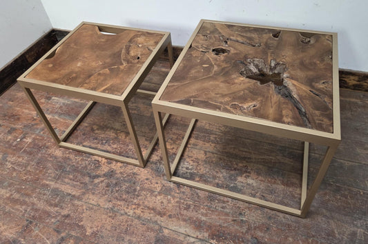 Pair of Square, Metal Frame Coffee Tables with Raw Wood Tops and Natural Holes
