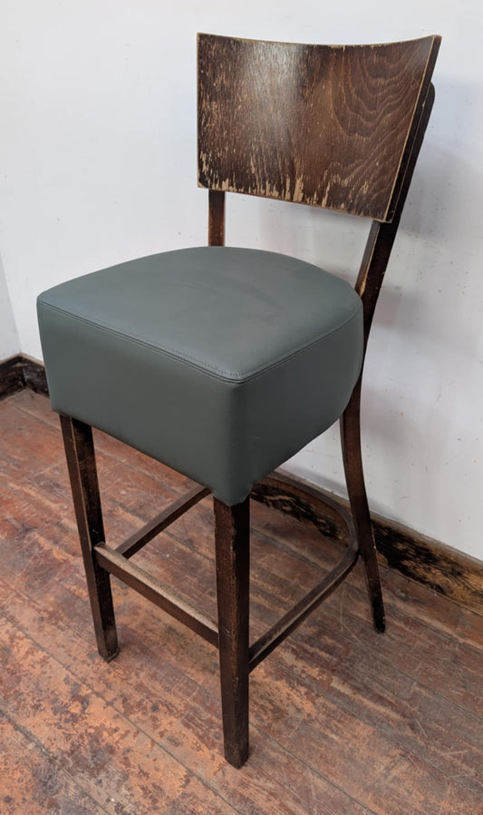 Single Bar Stool / Teal Faux Leather Seat / Dark Wood Finish