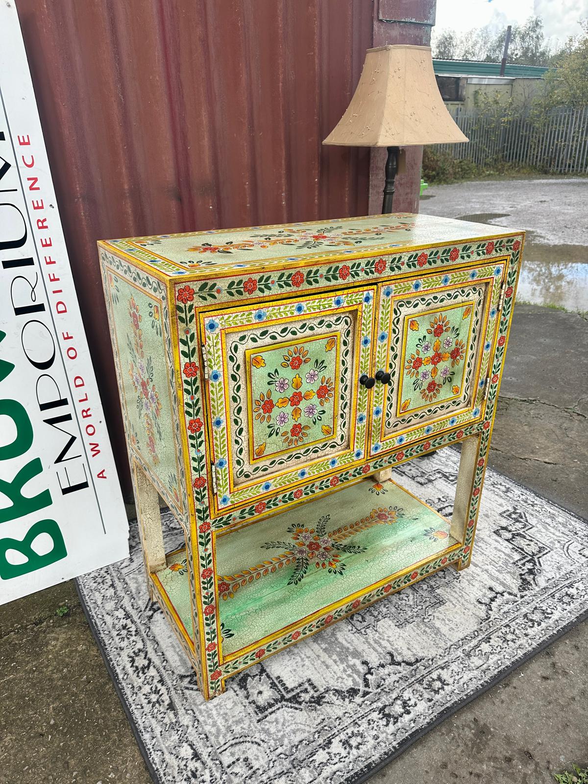Hand Painted Floral Wooden Cabinet with Double Doors and Display Shelf