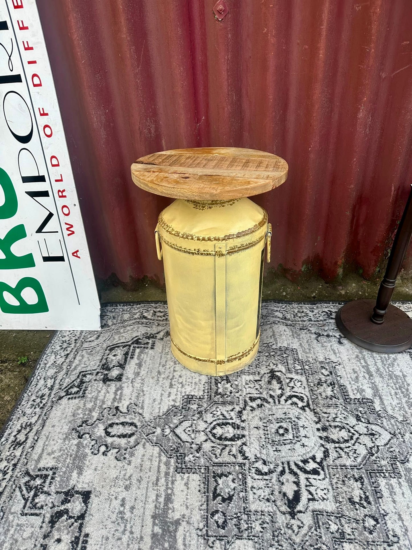 Farm Fresh Milk Decorative Side Table with Wooden Top Rustic Farmhouse Style
