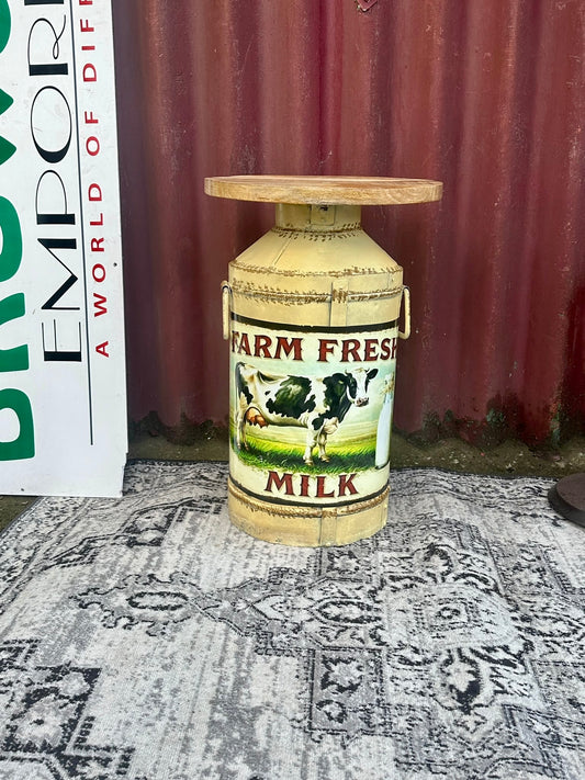 Farm Fresh Milk Decorative Side Table with Wooden Top Rustic Farmhouse Style