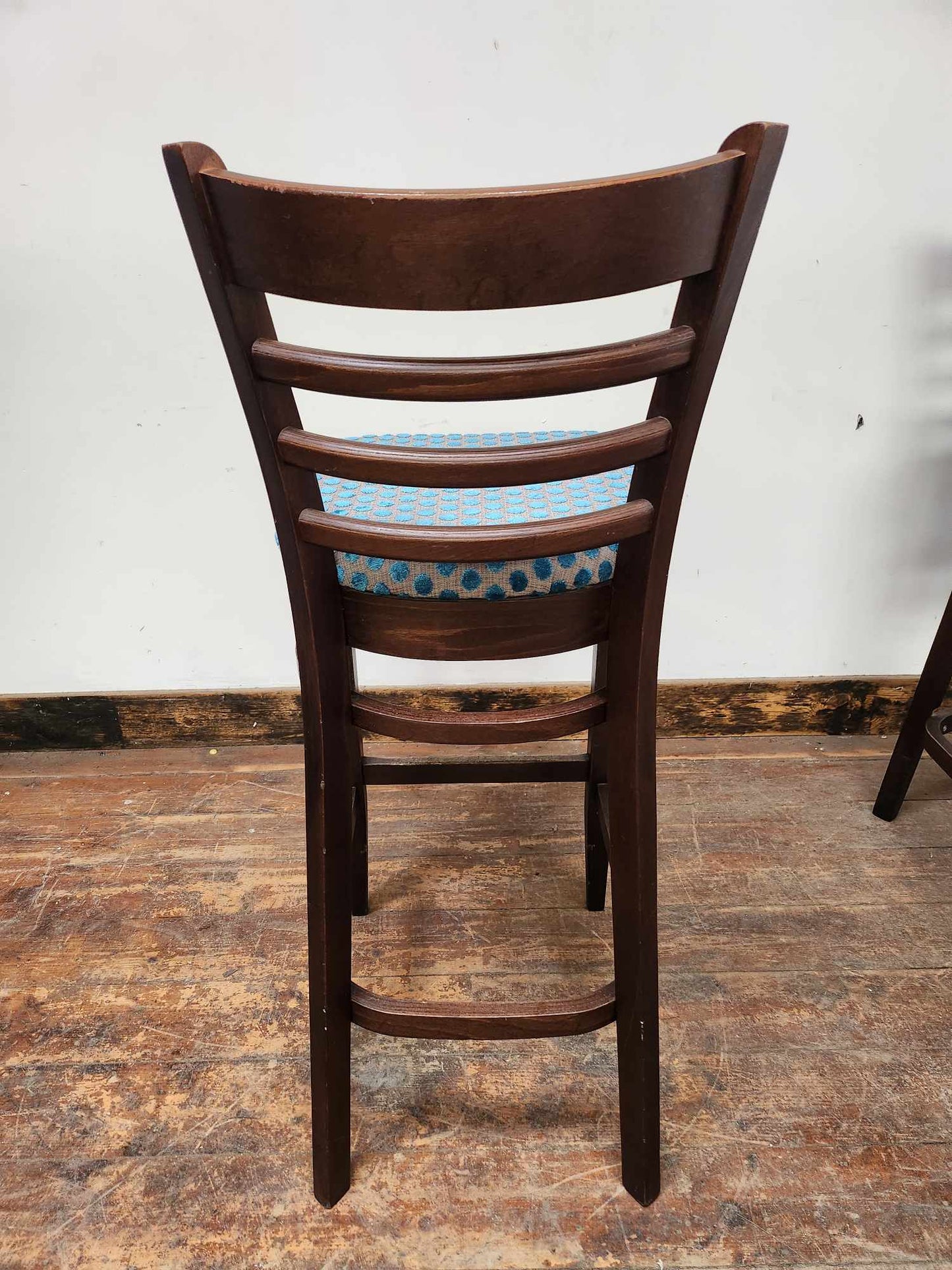 Two High-back Bar Stools with Blue Spotted Upholstery