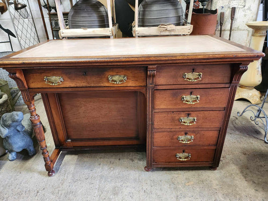 Leather Topped Antique Desk with Brass Handles