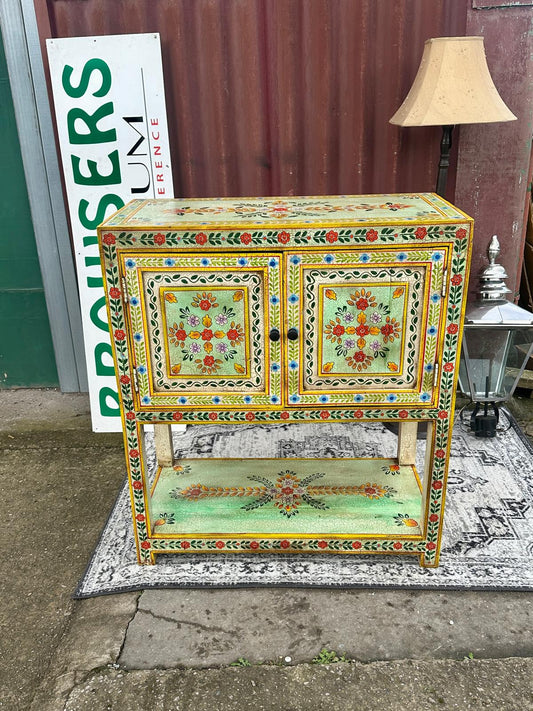 Hand Painted Floral Wooden Cabinet with Double Doors and Display Shelf