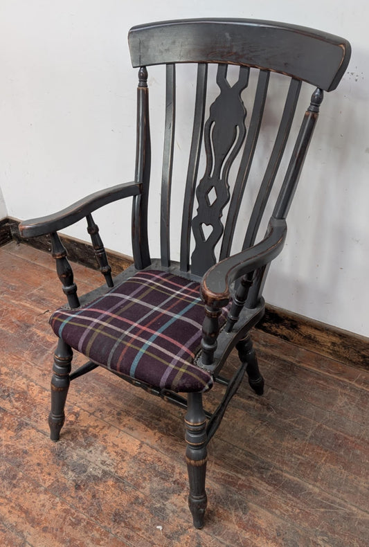 Grey High Back Distressed Wooden Armchair with Upholstered Seat