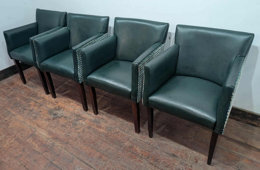 Set of 4 bottle green faux leather tub chairs / fabric backs / pub seating