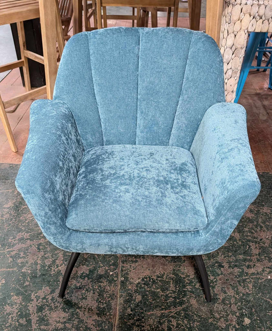 Small Teal Shell Back Chenille Armchair / Steel Legs