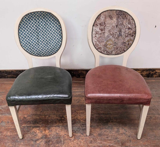 Set of Eight "Shabby Chic" Dining Chairs with Leather Effect Seats and Mixed Patterns