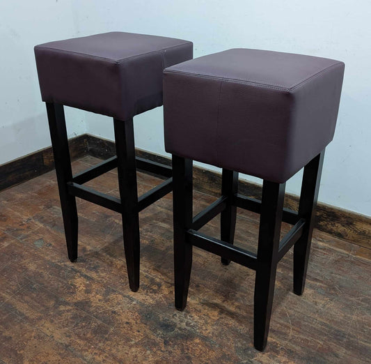Pair of Wood Frame Purple Faux Leather Stools - Reupholstered