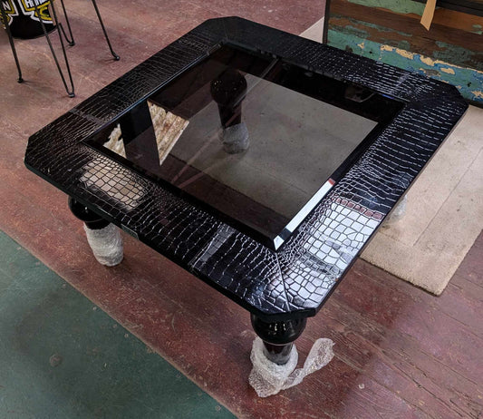 Black Snakeskin Texture Coffee Table with Glass Top