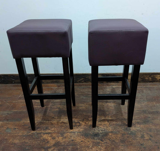 Pair of Wood Frame Purple Faux Leather Stools - Reupholstered