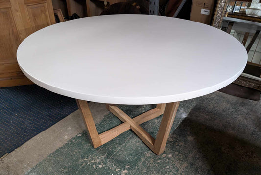 Large Round White Top Dining Table with Crossed Timber Base