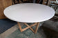 Large Round White Top Dining Table with Crossed Timber Base