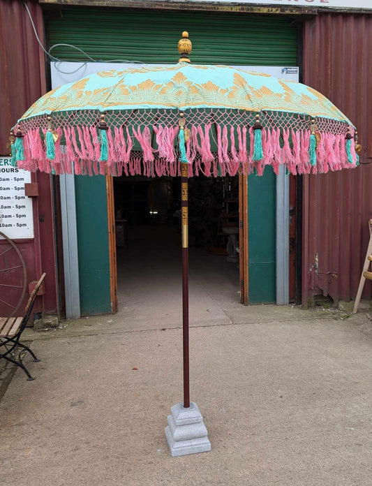 Handmade Bali Sun Parasol - Mint Green with Candy Pink Fringe (Base not included)