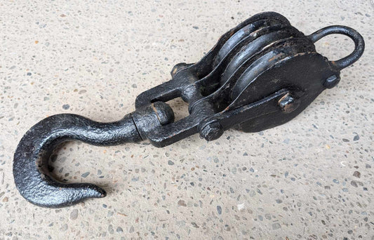 Vintage Cast Iron 20" Pulley Block and Hook / Triple Sheave / Industrial