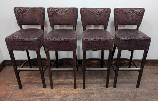 Set of Four Fabric and Vinyl Patterned Bar Stools in Black-Red