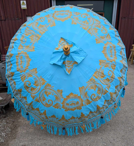 Handmade Bali Sun Parasol - Sky Blue and Gold (Base not included)