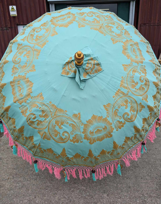 Handmade Bali Sun Parasol - Mint Green with Candy Pink Fringe (Base not included)