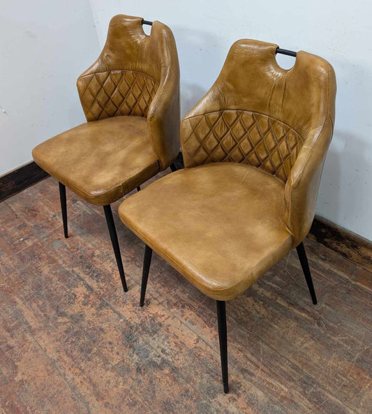 Pair of Tan Leather Dining Chairs with Black Steel Frames