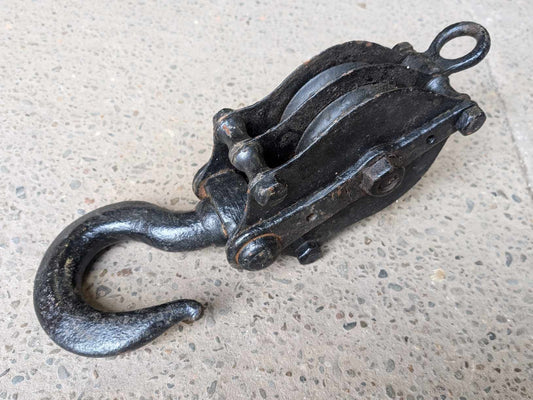 Vintage Cast Iron 17" Pulley Block and Hook / Double Sheave / Industrial