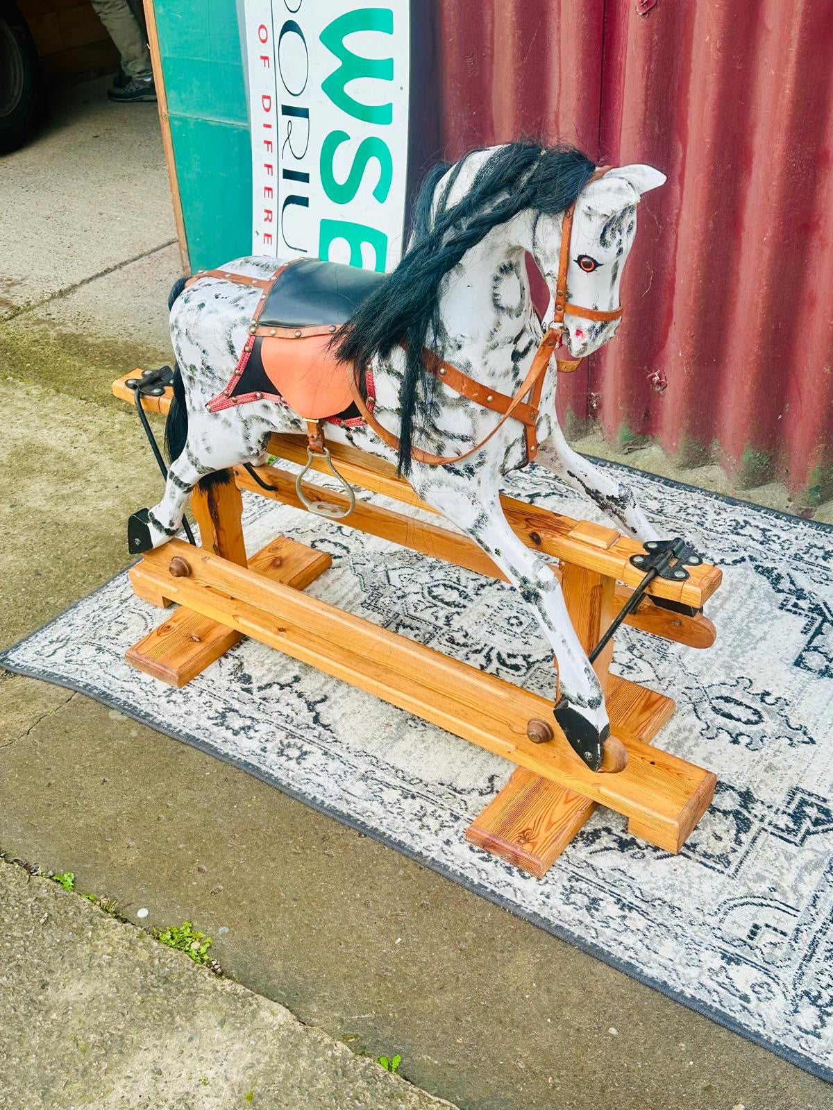 Wooden Rocking Horse with Saddle Bridle Black Mane & Tail on Timber Rocker