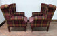 Pair of Red Tartan Fabric Armchairs, Wingback Style with Brass Studs
