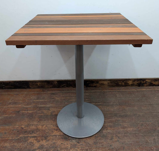 Outdoor Poseur Table with Panelled Wooden Top and Grey Steel Pillar Base