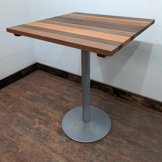 Outdoor Poseur Table with Panelled Wooden Top and Grey Steel Pillar Base