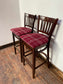 Pair of Dark Wood Bar Stools with Red and White Check Upholstered Seats