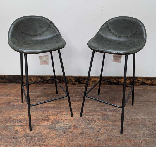 Pair of Forest Green Vegan Leather Baseball Bar Stools with High Metal frames