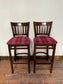 Pair of Dark Wood Bar Stools with Red and White Check Upholstered Seats