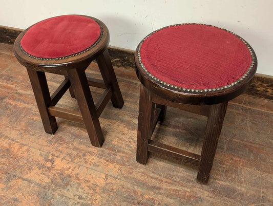 Pair of Short Wooden Stools with Red Fabric Upholstery - Slightly Mismatched