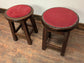 Pair of Short Wooden Stools with Red Fabric Upholstery - Slightly Mismatched