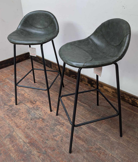 Pair of Forest Green Vegan Leather Baseball Bar Stools with High Metal frames