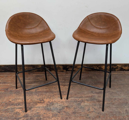 Pair of Tan Vegan Leather Baseball Bar Stools with High Metal frames